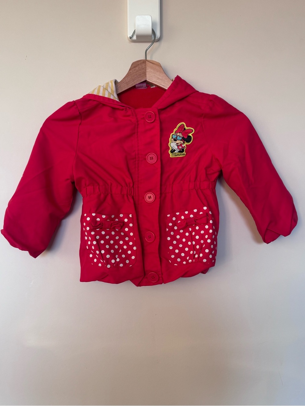Toddler Girls Disney Red Hooded Minnie Mouse Jacket with Polka Dots & Bow Detail